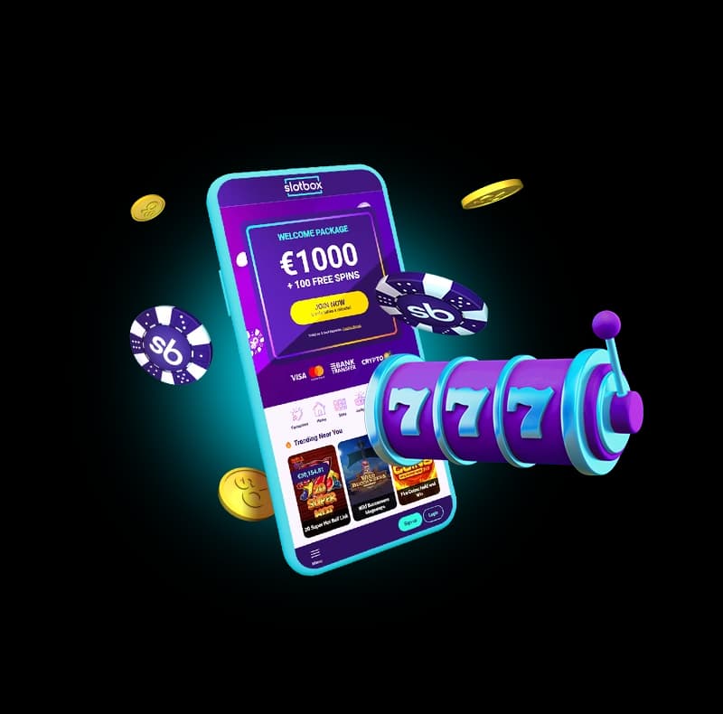 Slotbox on a phone, with slot reels and chips